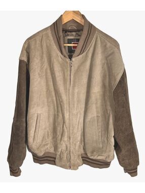 Vintage William Barry Suede Leather Bomber Jacket Two Tone Brown Beige XL 90s